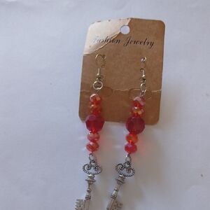 Red Ab Crystal and Silver Key Dangle Earrings